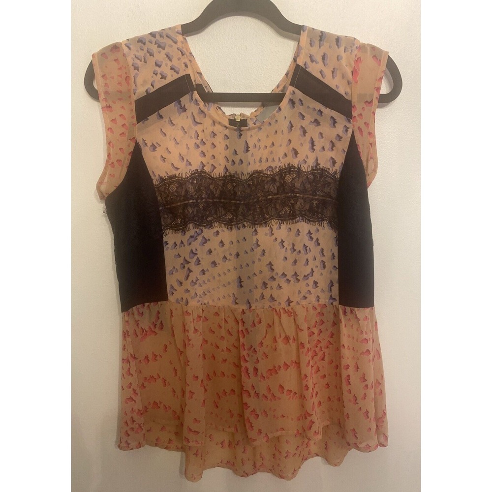 EUC Anthropologie Maeve Blouse Cap Sleeve Semi Sheer Pink Black Lace Sz XS